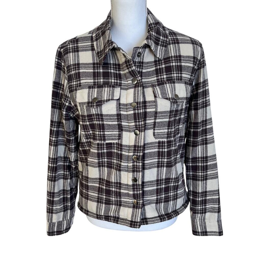 Lucky Brand Women's Jacket Shacket Size Small Sherpa Lined Crop Snaps Plaid